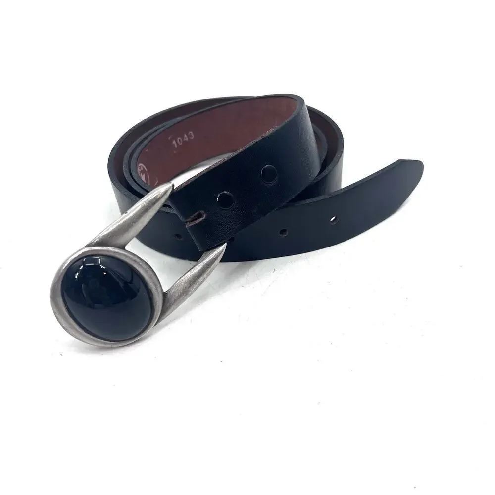 Vintage Black Leather Hip Hook Belt with Removable Pewter Buckle Womens 40